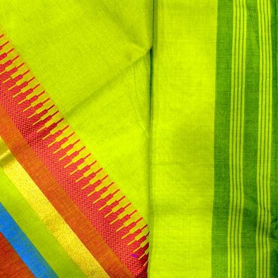 Plain Lime Green Color Chettinad Cotton Saree 