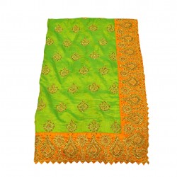 Parrot green with orange color raw silk saree 
