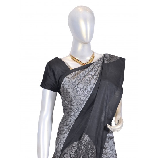 Gray with black color pure soft silk saree