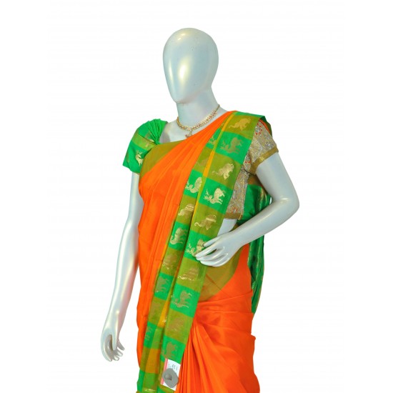 Orange with green color soft silk saree