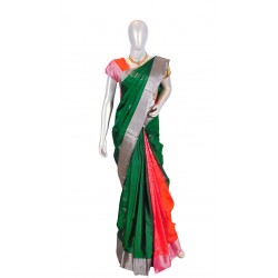 Bottle green with peach color soft silk saree 