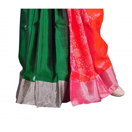 Bottle green with peach color soft silk saree 