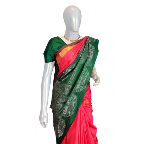 Pink with green color soft silk saree 