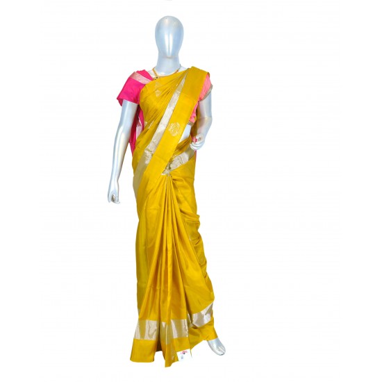 Yellow with pink color soft silk saree