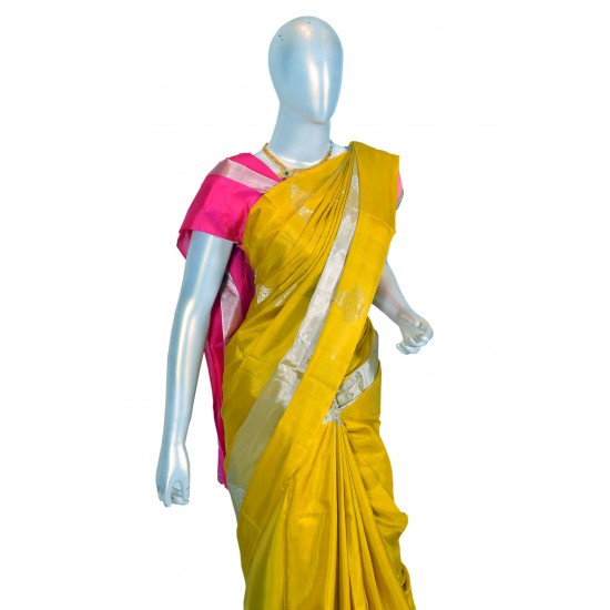 Yellow with pink color soft silk saree