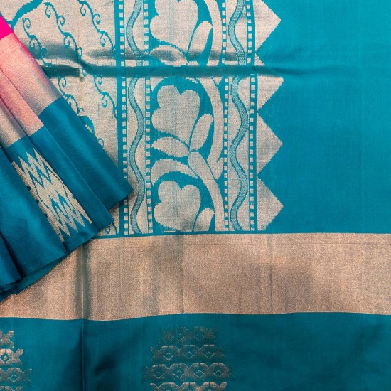 Pink With Sky Blue Soft Silk Saree