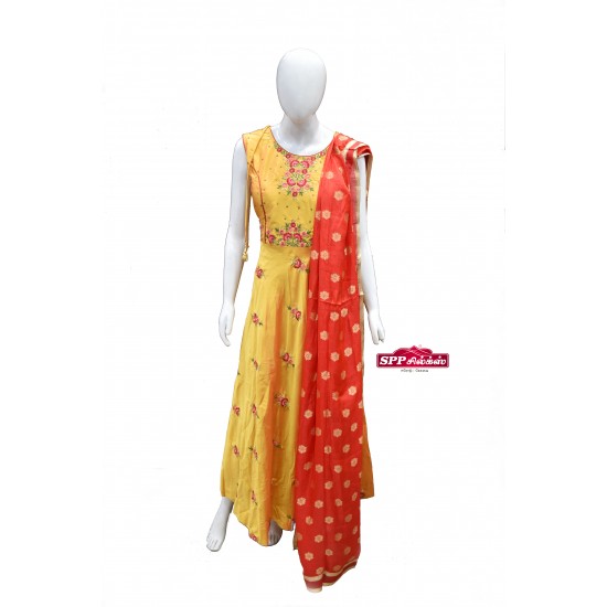 Yellow coloured Floral Long Kali