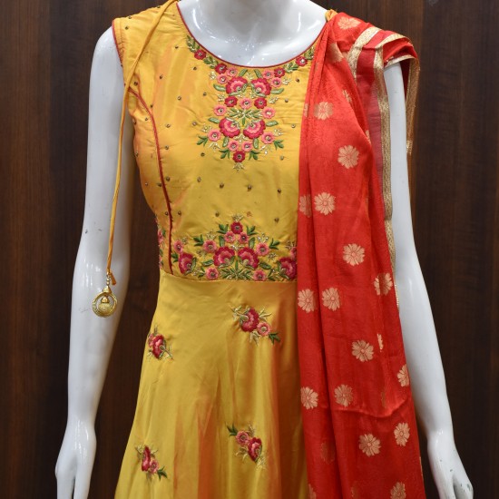 Yellow coloured Floral Long Kali